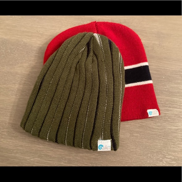 Two knit beanies, Red/black, green stripe - Picture 2 of 4